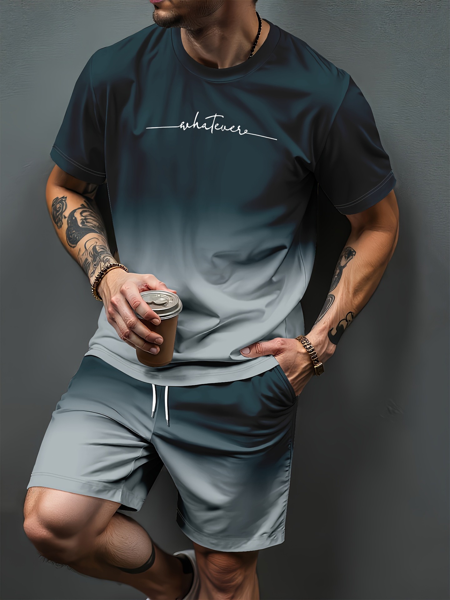 Summer Clothing Petite - グラデーション文字パターン 3D プリントジャージ男性女性カジュアル半袖 Tシャツショーツセット 2 個スポーツウェアスーツ男性服