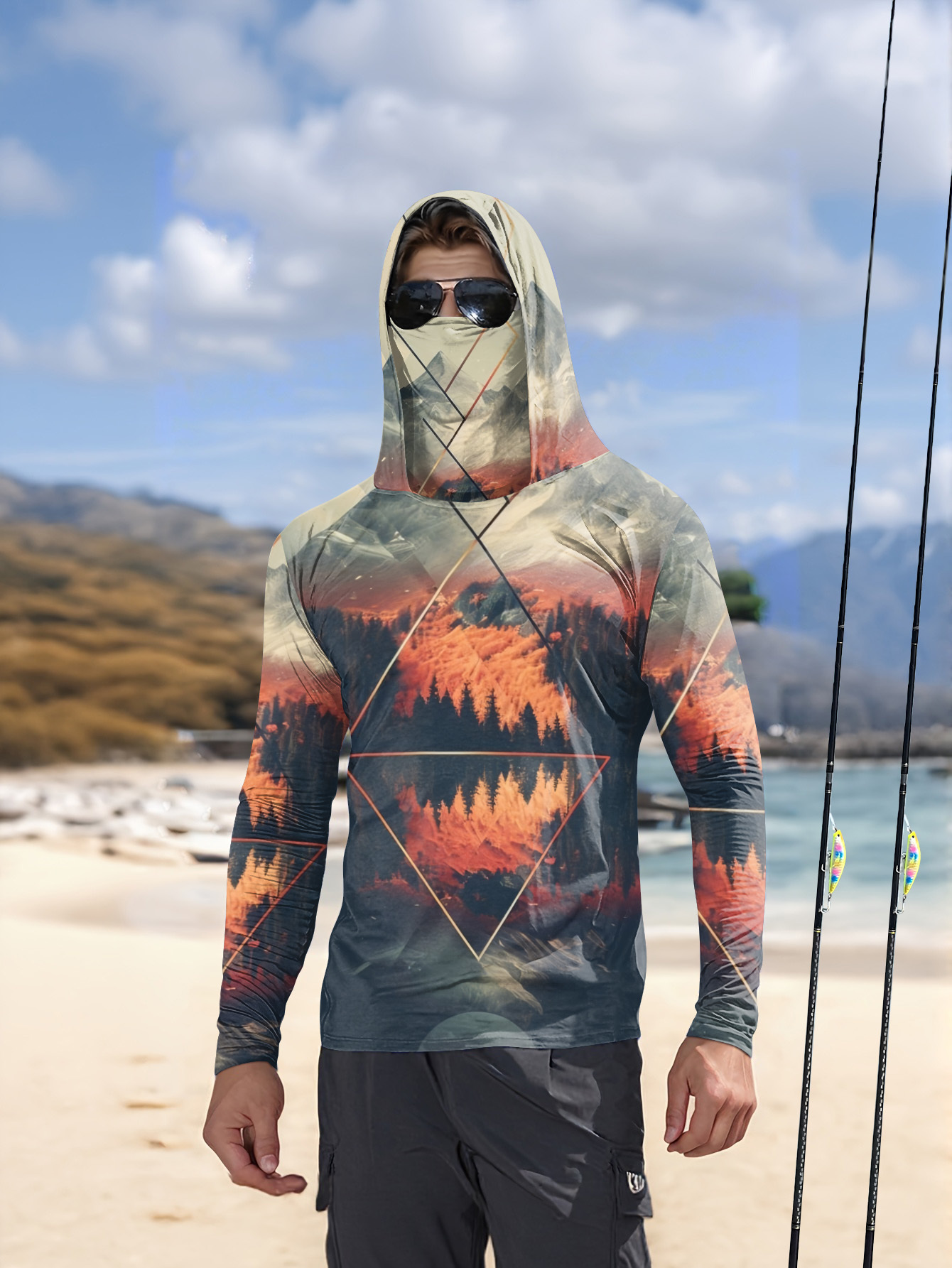 Summer Clothing Trend - アウトドアメンズフィッシングフーディー、内蔵フェイスマスク、山の風景プリント、UPF 50、日焼け防止、速乾性、長袖フィッシングシャツ
