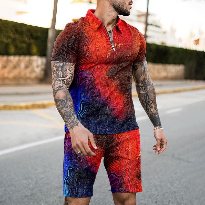 Summer Clothing Styles Men - サマージッパーポロシャツスーツ 2ピース セットアップ メンズ ビーチ ボヘミアン