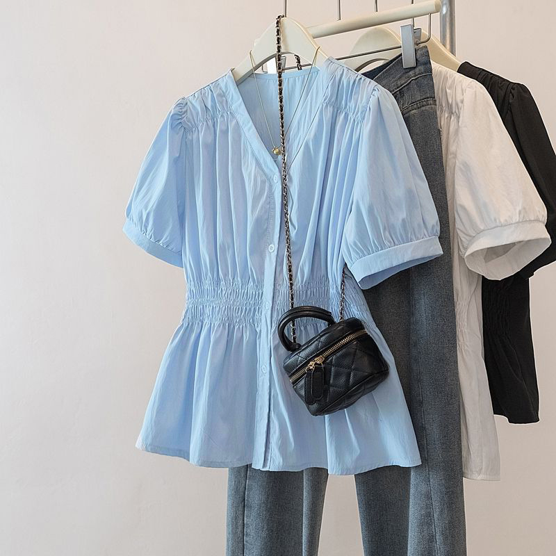 Summer Clothing In French - 200ポンドプラスサイズ弾性ウエストオフィスレディトレンドシャツとブラウスソリッドカラートップ女性服Vネックフレンチシックベーシック