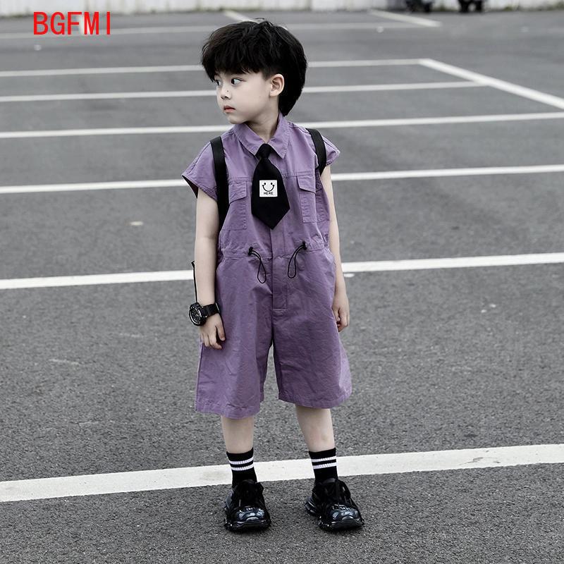 Summer Clothing For Babies - キッズサマーショーツオーバーオールカプリボーイズパープルパンツとネクタイ服男の子ベビージャンプスーツ1-10Y半袖子供服