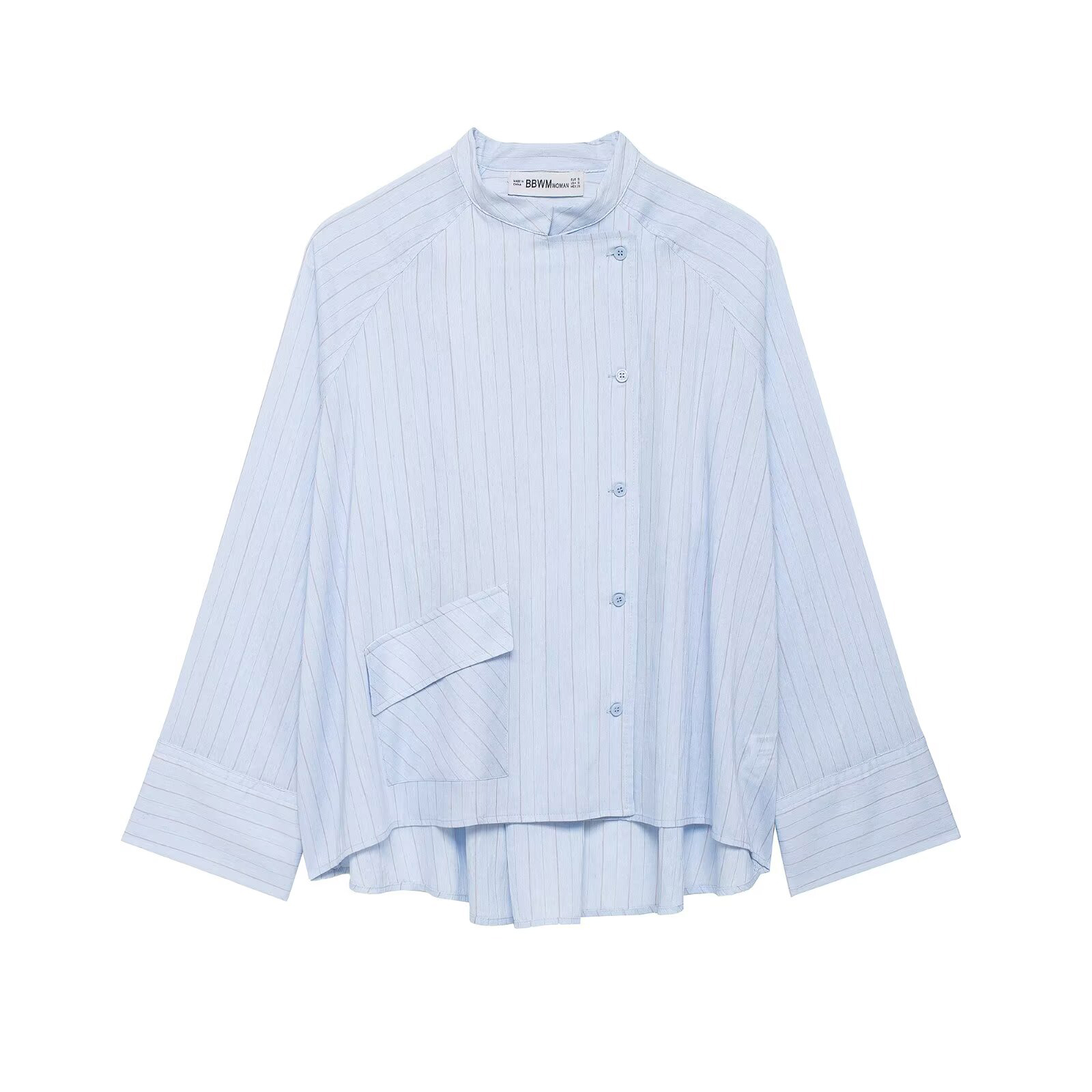 Summer Clothing In French - 春夏新作レディース服 フレンチラウンドネック長袖アシンメトリーヘムフリップ胸ポケットストライプシャツ