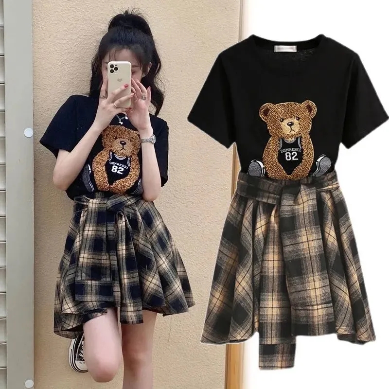 Summer Clothing Aesthetic - 女性の夏のスカートとトップスセット,漫画のクマのデザインのスカートセット,半袖のTシャツ,ゆったりとした美的衣装