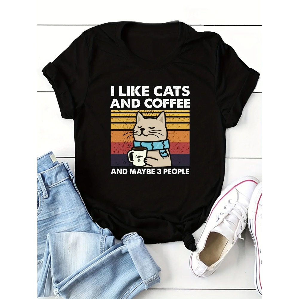 Summer Clothing Aesthetic - ネック半袖婦人服猫コーヒー柄 Tシャツ夏半袖原宿ストリートトップス Tシャツ美的服