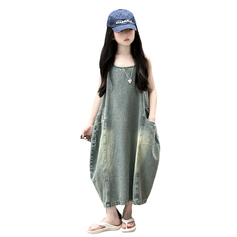 Summer Clothing For Girls - ヴィンテージブルー子供女の子高品質ノースリーブデニムドレスストリート衣装ファッション夏の子供の高級ジーンズ服