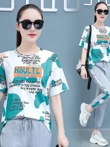 Summer Clothing Tagline - 夏の新作薄手半袖ハーランパンツツーピースセットプラスサイズ婦人服テールエンドストックワンラインタグ除去ミートコ...