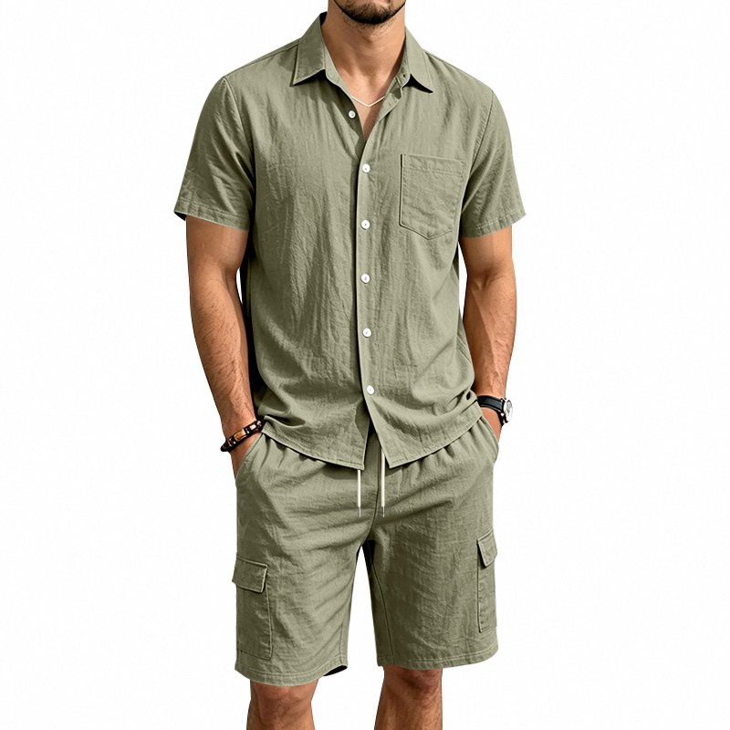 Summer Clothing Trend - メンズ夏アメリカンリネンツーピースセット半袖シャツドローストリングカーゴショーツルーズカジュアルアウトドア通勤休暇衣装