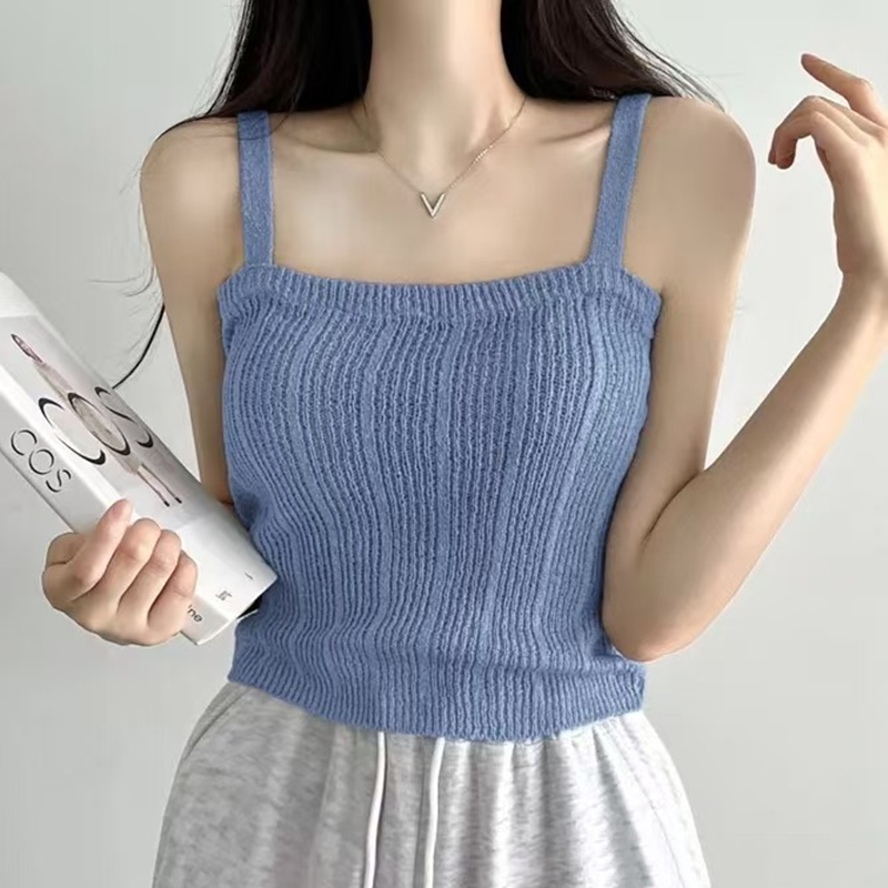 Summer Clothing Teens - ニットキャミトップ女性ティーンガールパステルノースリーブストラップタンクトップ韓国ファッション夏のカジュアル衣装