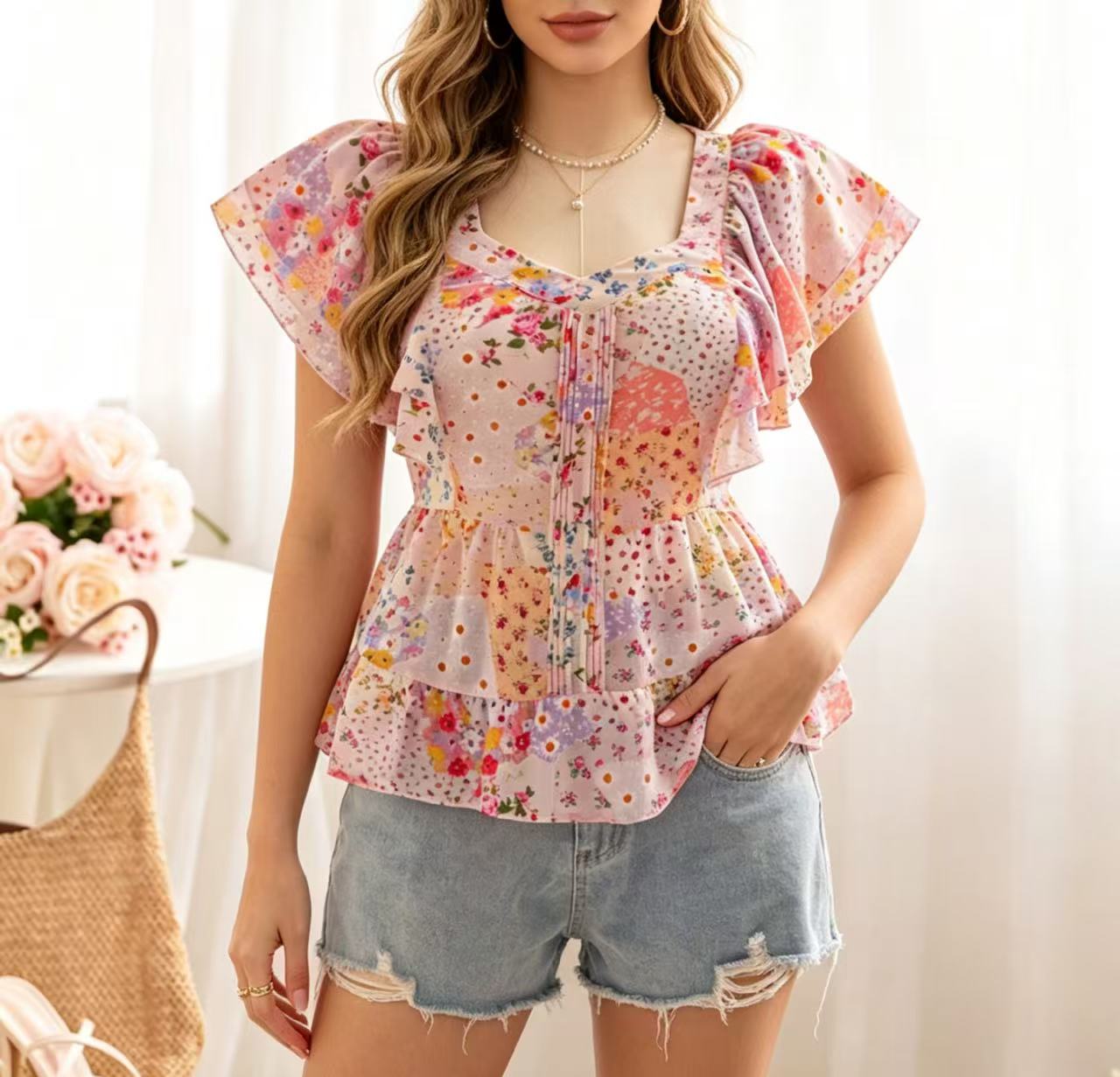 プラスサイズ女性向けニッチデザイン小花柄フリルレーストリムラ - Summer Clothing For Girls のレビューと価格