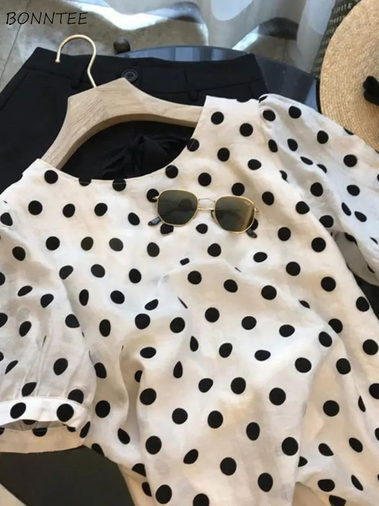 女性のためのエレガントなヴィンテージ水玉サマーブラウス,オフ - Summer Clothing Aesthetic のレビューと価格