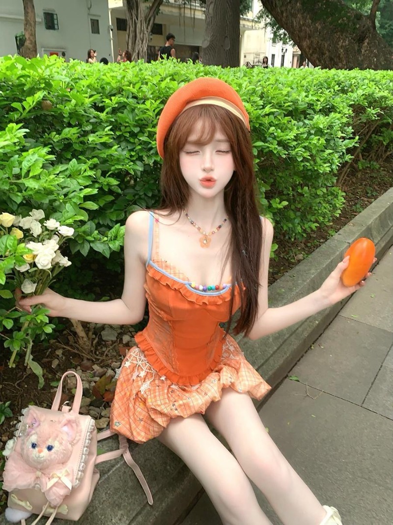 夏新オレンジドーパミンスイートスパイシーガールレースキャミソ - Summer Clothing For Girls のレビューと価格