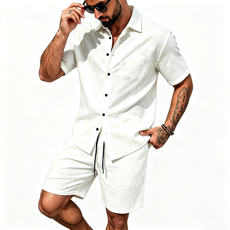 男性リネンツーピース衣装半袖ラペルボタンシャツ弾性ドロースト - Summer Clothing Trend のレビューと価格
