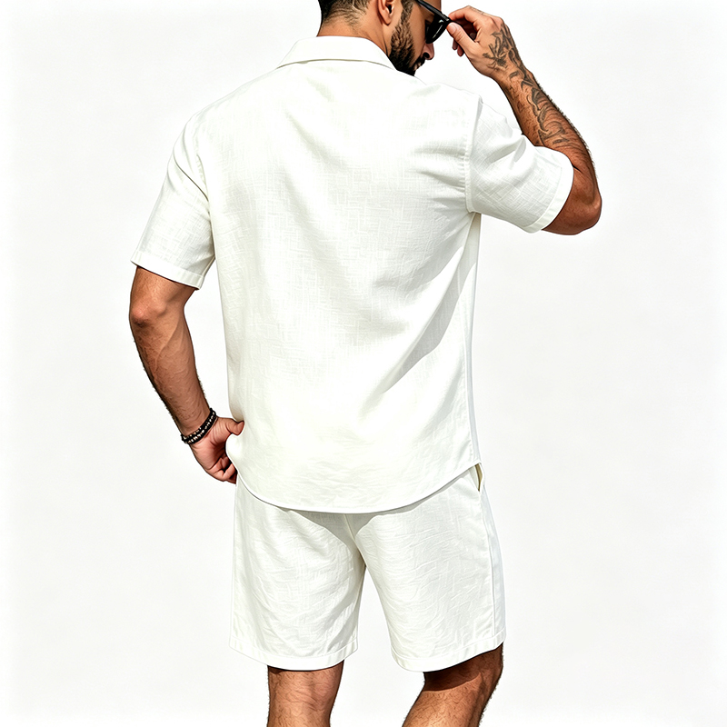 男性リネンツーピース衣装半袖ラペルボタンシャツ弾性ドロースト - Summer Clothing Trend のレビューと価格