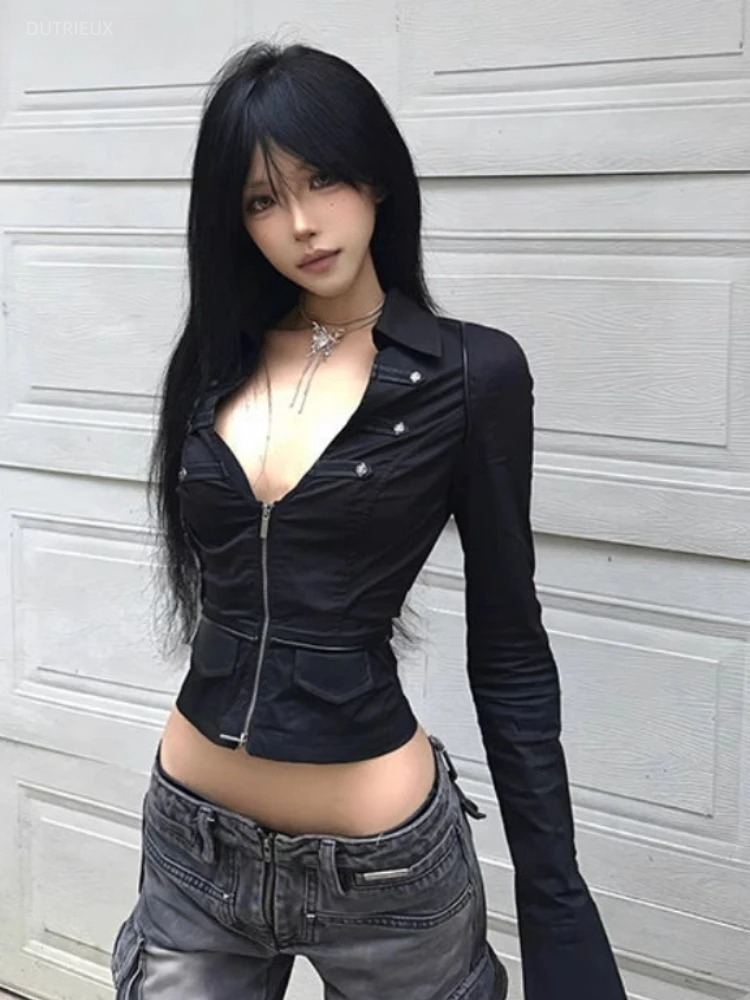 Y2k 美的女性のセクシーなブラウス固体ダブルジッパースリム - Summer Clothing Aesthetic のレビューと価格