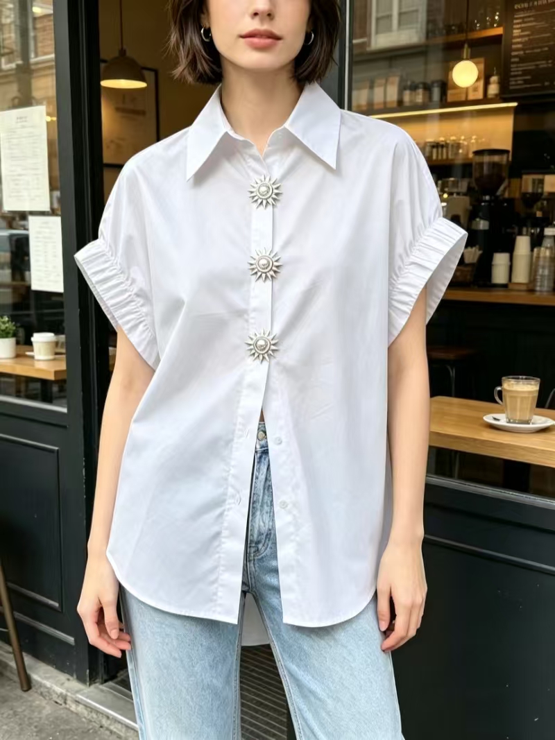 レディースコットンカジュアルルーズ半袖薄手サマートップ無地折 - Summer Clothing In French のレビューと価格