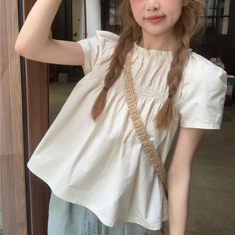 シャーリング無地シャツ女性服甘い半袖夏フレンチスタイルカジュ - Summer Clothing In French のレビューと価格