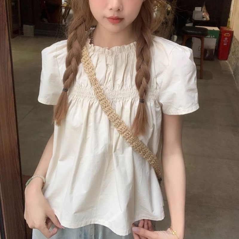 シャーリング無地シャツ女性服甘い半袖夏フレンチスタイルカジュ - Summer Clothing In French のレビューと価格