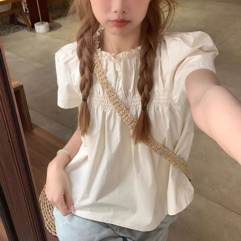 シャーリング無地シャツ女性服甘い半袖夏フレンチスタイルカジュ - Summer Clothing In French のレビューと価格