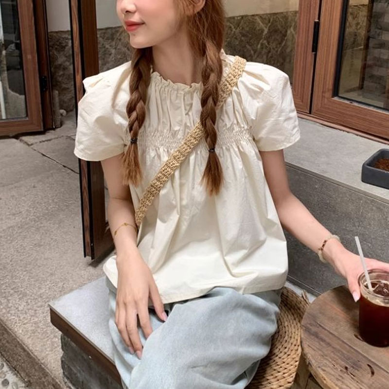 シャーリング無地シャツ女性服甘い半袖夏フレンチスタイルカジュ - Summer Clothing In French のレビューと価格