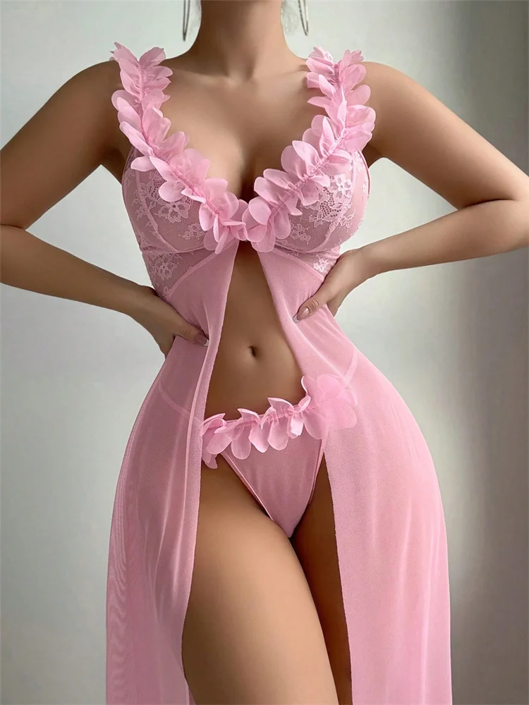 ピンクの花柄レースシースルーナイトガウン女性のセクシーなラン - Summer Clothing Petite のレビューと価格