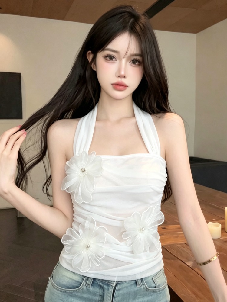韓国風ヘビーワーク3Dフラワーペタルデザインハンギングネック - Summer Clothing Work のレビューと価格