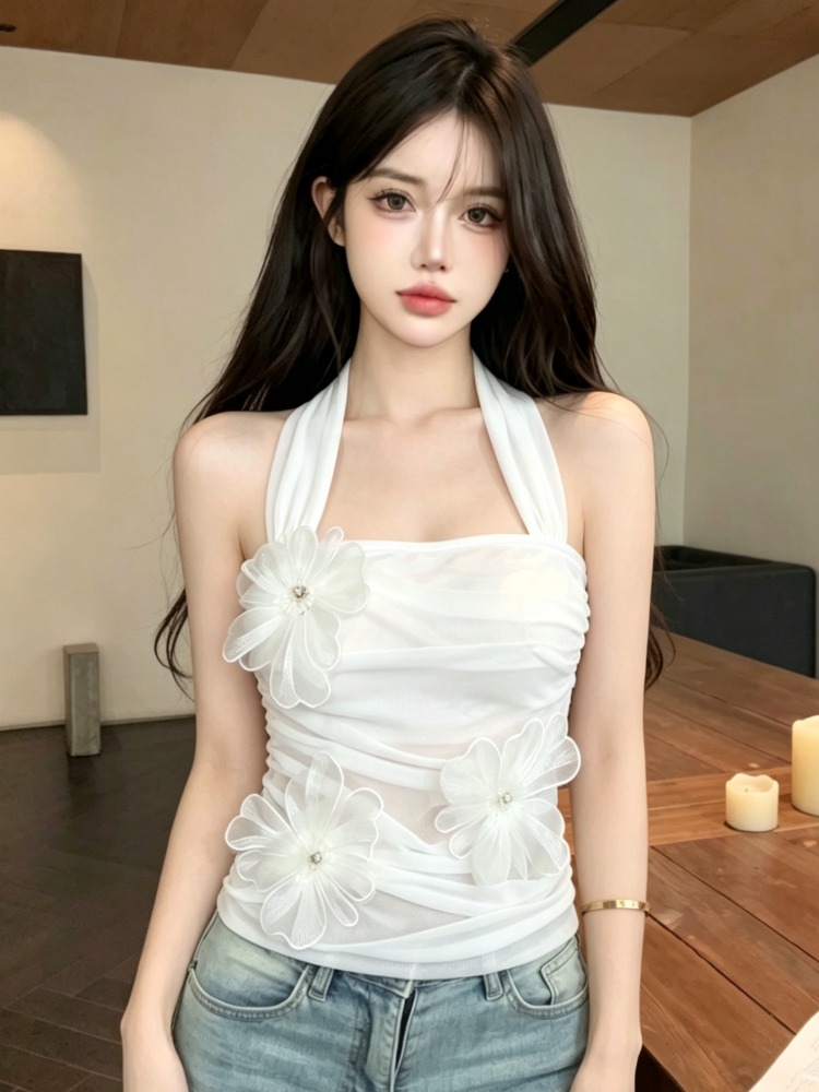 韓国風ヘビーワーク3Dフラワーペタルデザインハンギングネック - Summer Clothing Work のレビューと価格