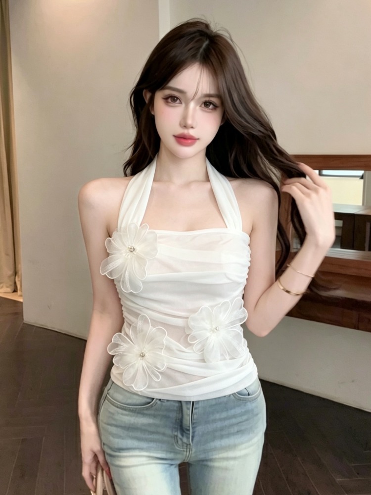 韓国風ヘビーワーク3Dフラワーペタルデザインハンギングネック - Summer Clothing Work のレビューと価格