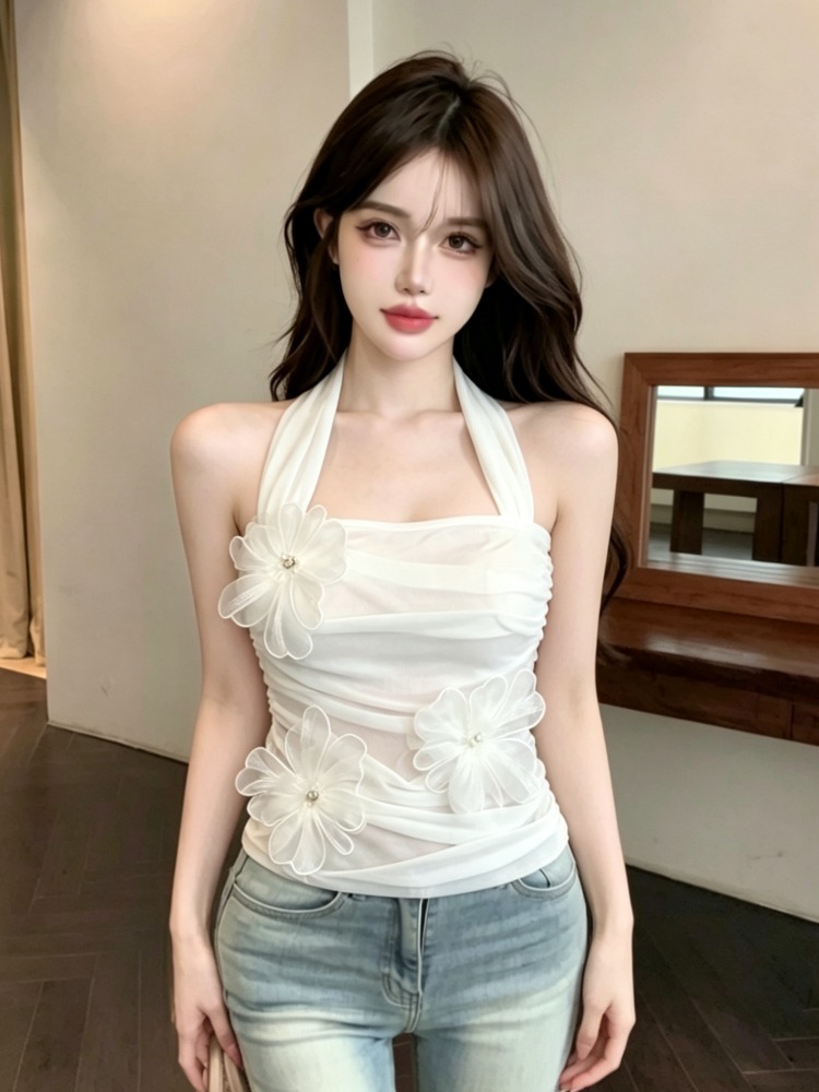 韓国風ヘビーワーク3Dフラワーペタルデザインハンギングネック - Summer Clothing Work のレビューと価格