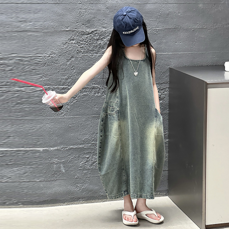 ヴィンテージブルー子供女の子高品質ノースリーブデニムドレスス - Summer Clothing For Girls のレビューと価格