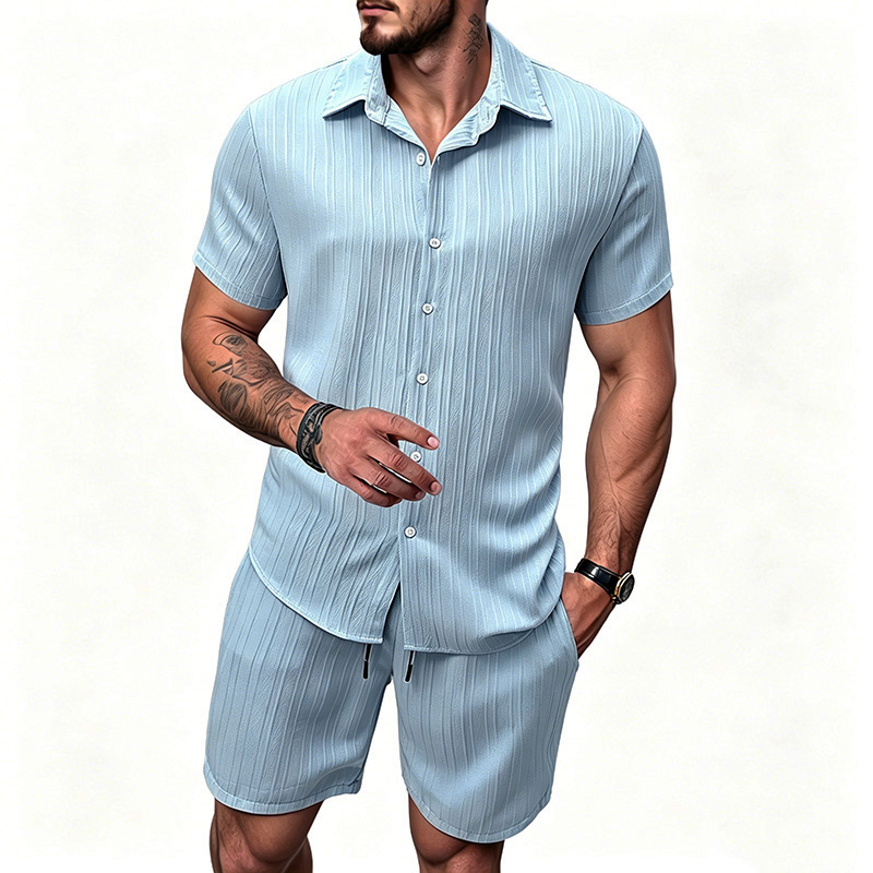 2026年新作 メンズ 縦型シワ加工ラペル半袖シャツ＆ショー - Summer Clothing Trend のレビューと価格