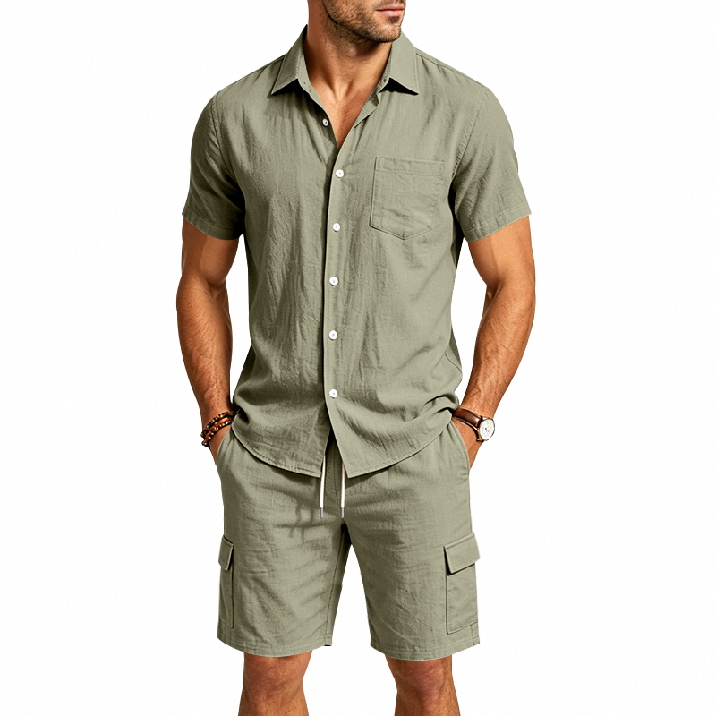 メンズ夏アメリカンリネンツーピースセット半袖シャツドロースト - Summer Clothing Trend のレビューと価格