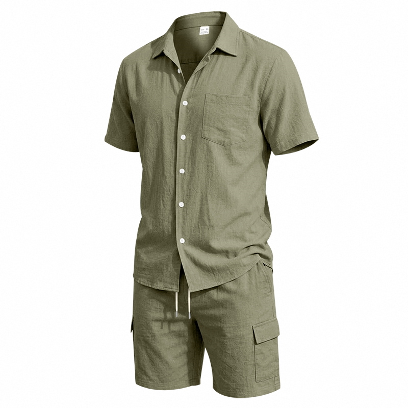 メンズ夏アメリカンリネンツーピースセット半袖シャツドロースト - Summer Clothing Trend のレビューと価格