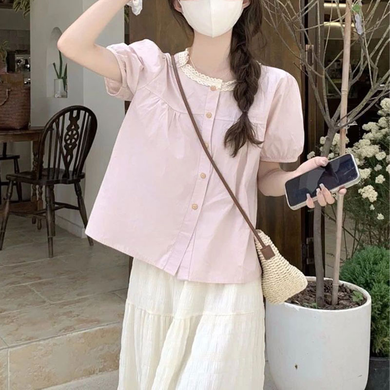 ファッショナブルなレーススプライシングシャツ夏甘いパフスリー - Summer Clothing In French のレビューと価格
