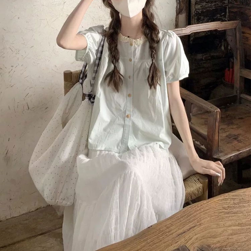 ファッショナブルなレーススプライシングシャツ夏甘いパフスリー - Summer Clothing In French のレビューと価格