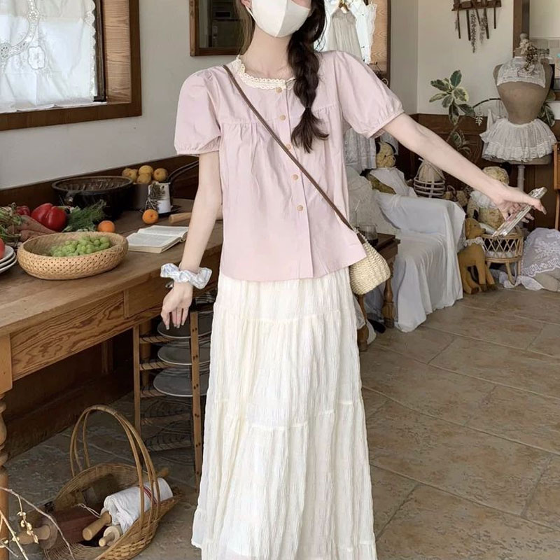 ファッショナブルなレーススプライシングシャツ夏甘いパフスリー - Summer Clothing In French のレビューと価格