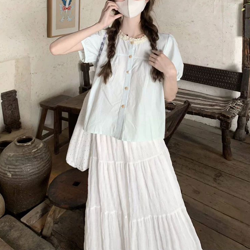 ファッショナブルなレーススプライシングシャツ夏甘いパフスリー - Summer Clothing In French のレビューと価格