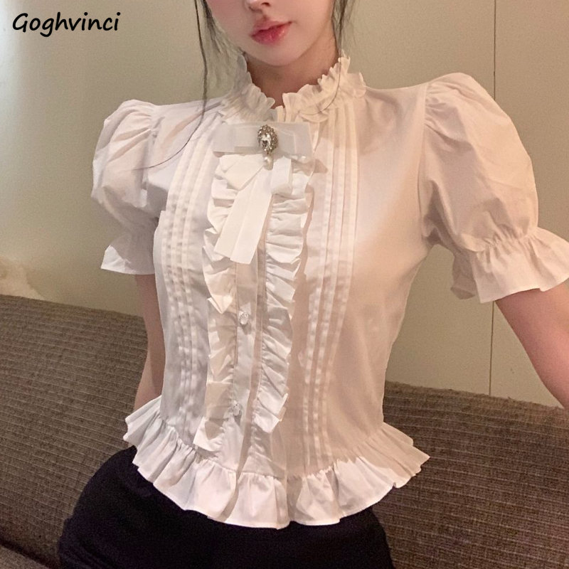 パフスリーブの女性用シャツ,白,フリル,エレガント,ヴィンテ - Summer Clothing Aesthetic のレビューと価格